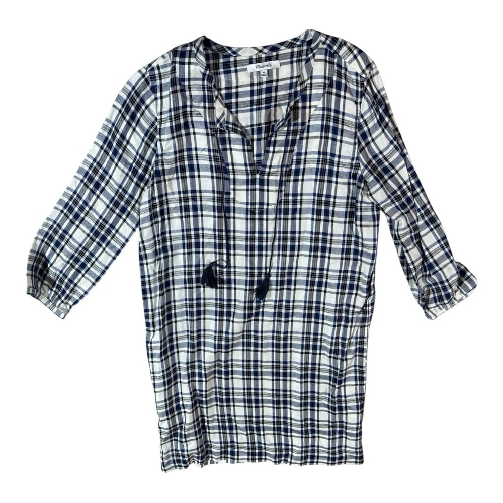 Madewell Artiste Tunic Dress in Blue Gingham with Tassels Sz XS